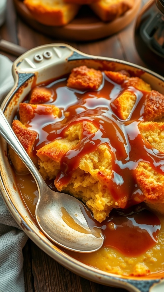 Bread Pudding with Toffee Sauce Recipe A warm bread pudding with toffee sauce in a rustic dish, set on a wooden table.